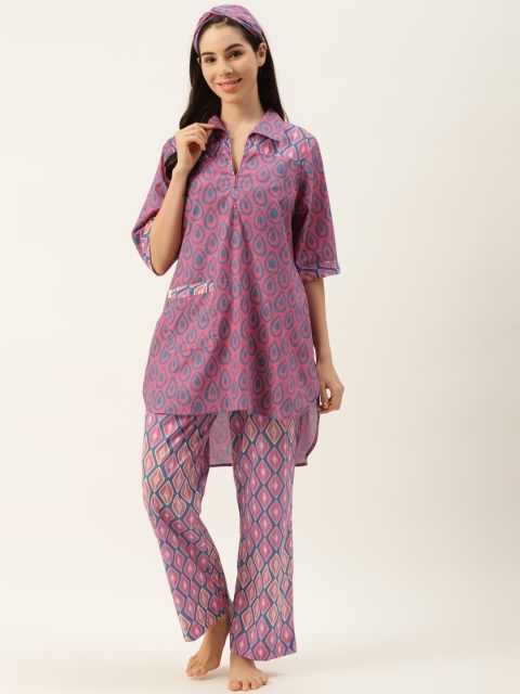 

DREAMSS BY SHILPA SHETTY Women Pink & Teal Blue Printed Pyjama Set with Hairband