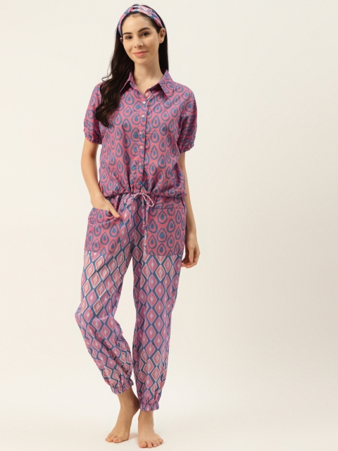 

DREAMSS BY SHILPA SHETTY Women Magenta & Blue Motifs Printed Pyjama Set with Headband