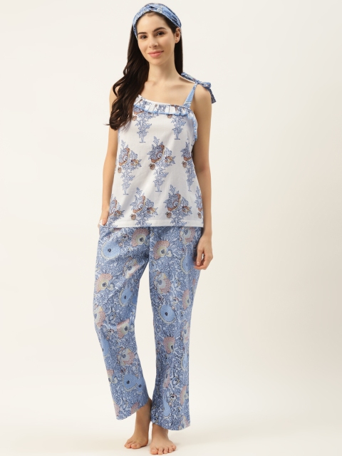 

DREAMSS BY SHILPA SHETTY Women Blue & White Printed Pyjama Set with Hairband