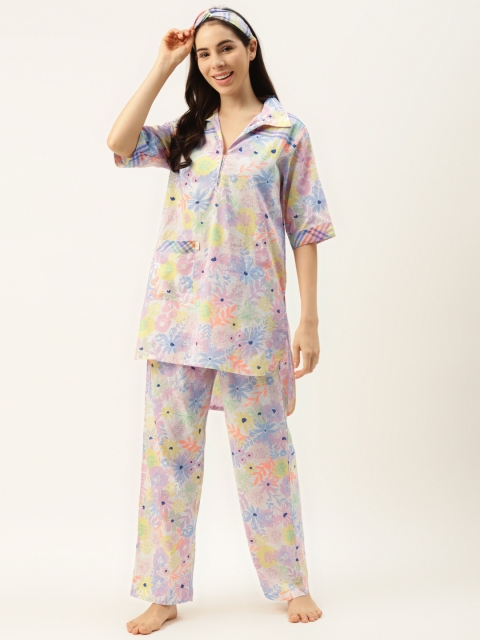 

DREAMSS BY SHILPA SHETTY Women Blue & Yellow Floral Printed Night Suit with Headband