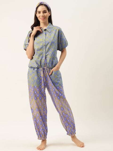 

DREAMSS BY SHILPA SHETTY Women Blue & Green Printed Night Suit with Headband