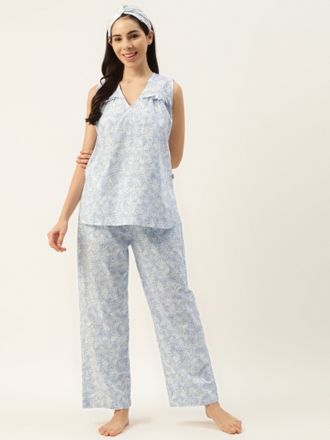 

DREAMSS BY SHILPA SHETTY Women Blue & White Printed Pyjama Set with Hairband