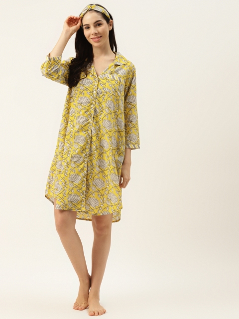 

DREAMSS BY SHILPA SHETTY Women Yellow & White Motifs Print Sleep Shirt with Headband