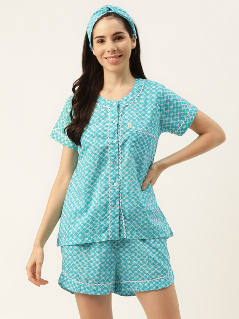 

DREAMSS BY SHILPA SHETTY Women Blue & White Printed Shorts Set with Hairband, Turquoise blue