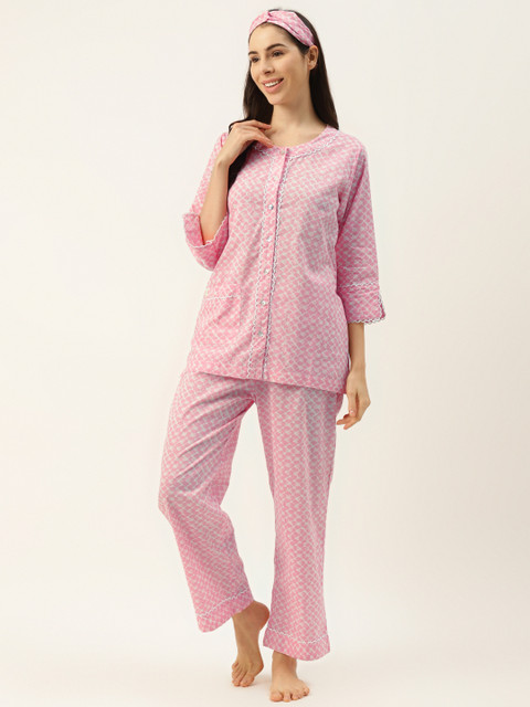 

DREAMSS BY SHILPA SHETTY Women Pink & White Printed Pyjama Set with Hairband