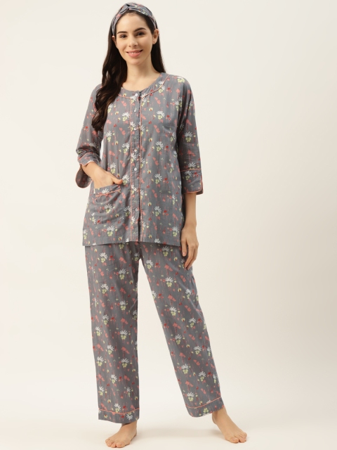 

DREAMSS BY SHILPA SHETTY Women Grey & Pink Printed Pyjama Set with Hairband