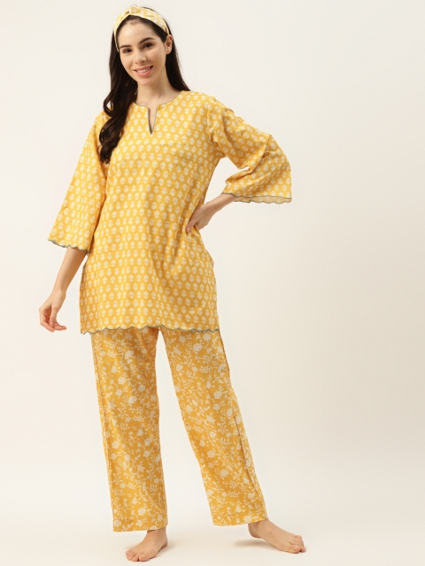 

DREAMSS BY SHILPA SHETTY Women Yellow & White Ethnic Motifs Print Pyjama Set