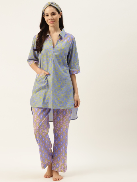 

DREAMSS BY SHILPA SHETTY Women Blue & Green Printed Night Suit with Headband