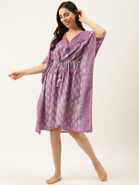 

DREAMSS BY SHILPA SHETTY & Teal Blue Printed Kaftan Nightdress, Pink