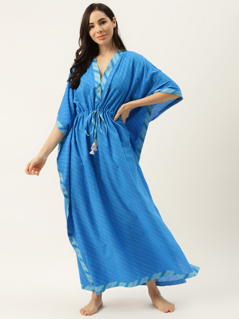 

DREAMSS BY SHILPA SHETTY Blue & White Printed Kaftan Maxi Nightdress