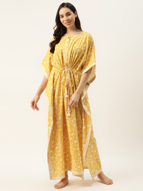 

DREAMSS BY SHILPA SHETTY Mustard Yellow & White Printed Kaftan Maxi Nightdress