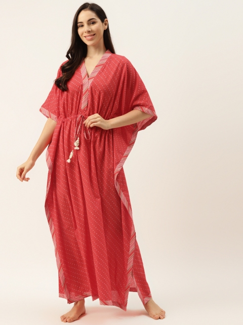

DREAMSS BY SHILPA SHETTY Coral Red & White Printed Kaftan Maxi Nightdress