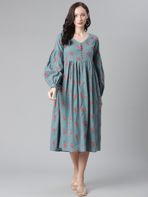 

SIAH Blue & Red Floral Print Pure Cotton Empire Midi Dress
