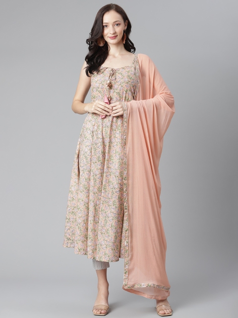 

SIAH Women Peach-Coloured & Green Floral Gotta Patti Cotton Kurta with Trousers & Dupatta
