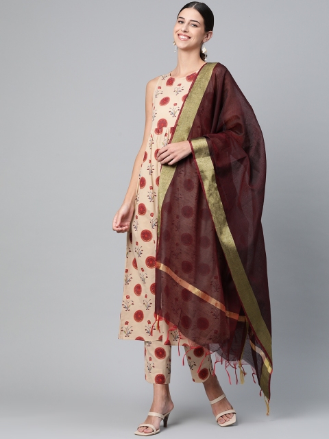 

SIAH Women Beige & Red Ethnic Motifs Print Pure Cotton Kurta with Trousers & Dupatta