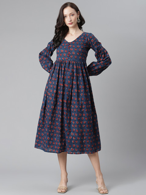 

SIAH Navy Blue & Red Floral Print Pure Cotton Empire Midi Dress