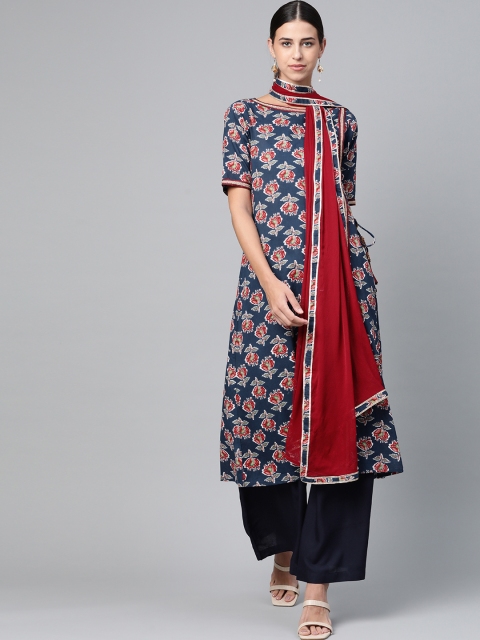 

SIAH Women Navy Blue & Maroon Printed Angrakha Pure Cotton Kurta with Palazzos & Dupatta