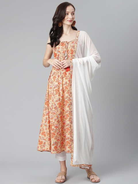 

SIAH Women Beige & Orange Ethnic Printed Pure Cotton Kurta with Trousers & Dupatta