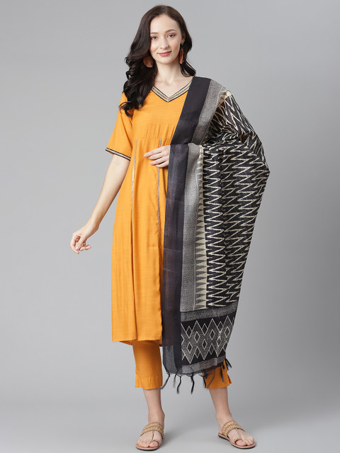 

SIAH Women Mustard Yellow Panelled Kurta with Trousers & Dupatta