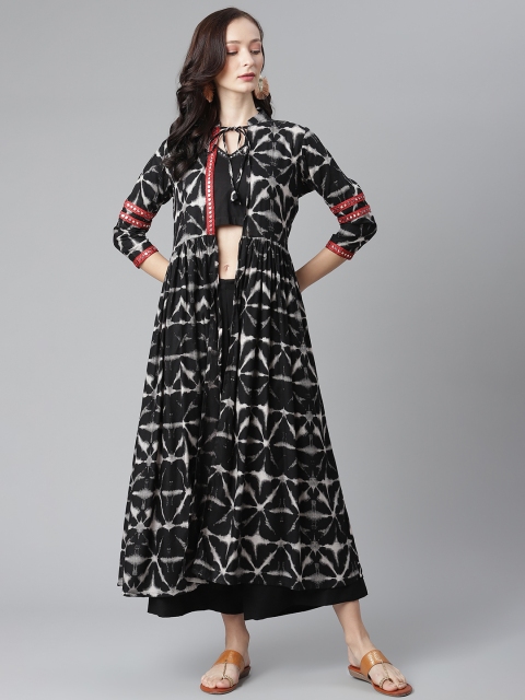

SIAH Women Black Layered Mirror Work Top with Palazzos & Printed Ethnic Jacket