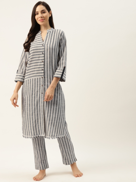 

DREAMSS BY SHILPA SHETTY Women Charcoal Grey & Beige Pure Cotton Striped Night suit