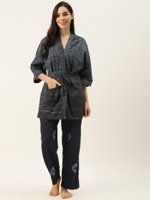 

DREAMSS BY SHILPA SHETTY Women Charcoal Grey & Blue Pure Cotton Printed Pyjama Set