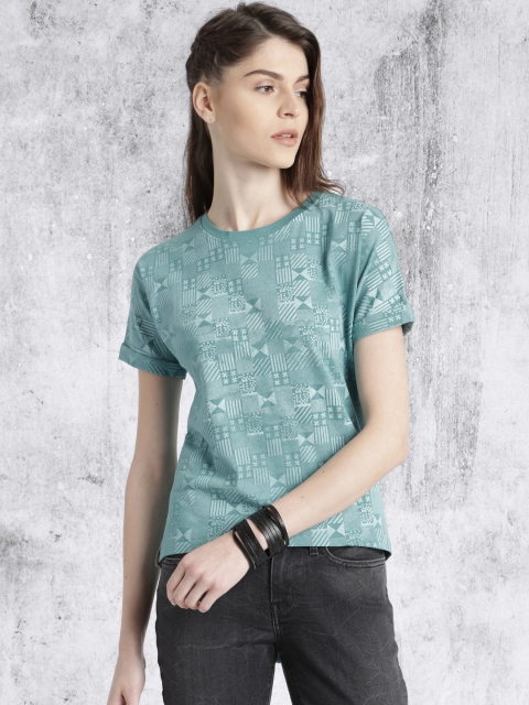 

Roadster Women Blue Printed Round Neck T-shirt