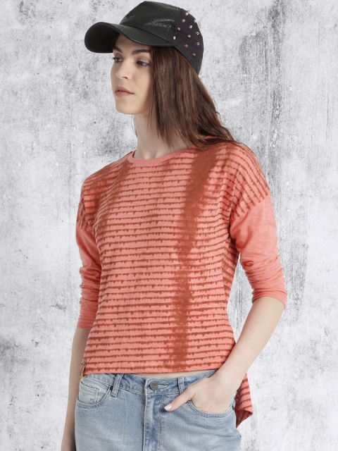 

Roadster Women Coral Pink Striped Crop T-shirt