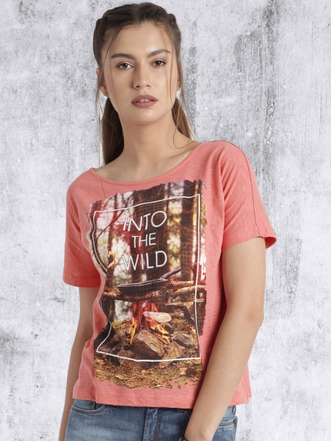 

Roadster Women Peach Printed Round Neck T-shirt