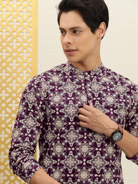 

House of Pataudi Men Burgundy & Cream-Coloured Printed Rozana Kurta
