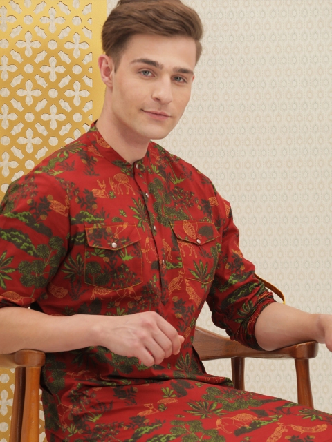 

House of Pataudi Men Red & Green Ethnic Motifs Printed Rozana Straight Kurta