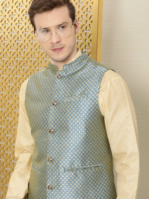 

House of Pataudi Men Blue Checked Jashn Nehru Jacket