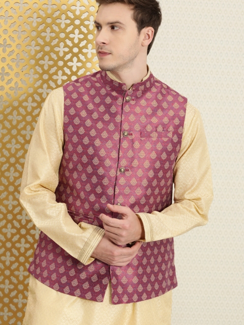 

House of Pataudi Men Magenta Woven Design Jashn Nehru Jacket