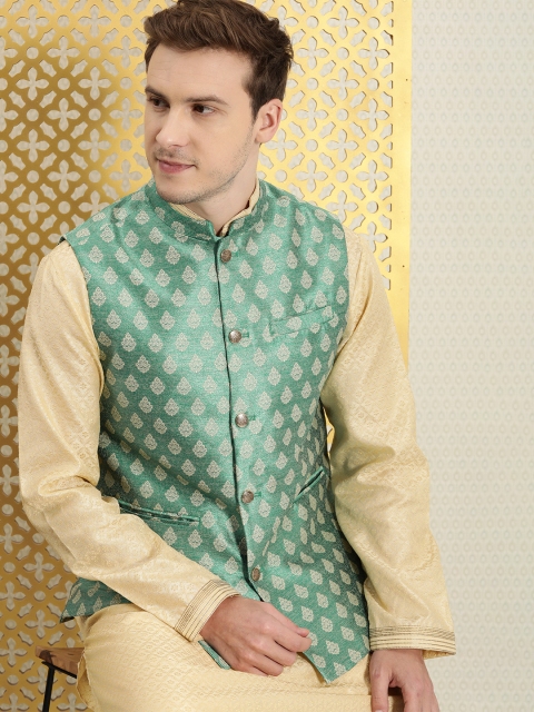 

House of Pataudi Men Teal Woven Design Jashn Nehru Jacket