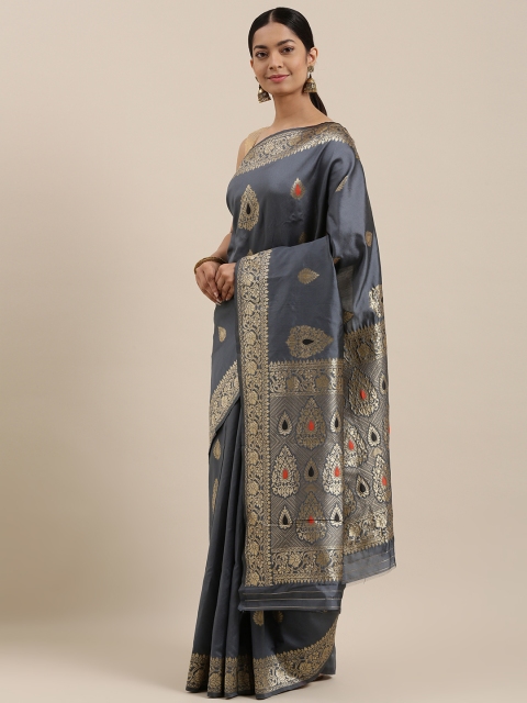 

DIVASTRI Grey Woven Design Silk Blend Heavy Work Jacquard Banarasi Saree