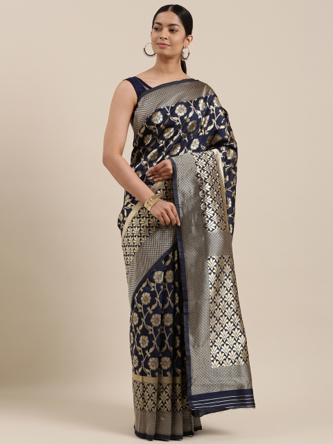 

DIVASTRI Navy Blue Ethnic Motifs Silk Blend Banarasi Saree