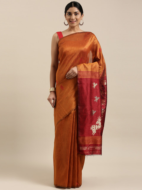 

DIVASTRI Orange Woven Design Silk Blend Banarasi Saree With Tassels