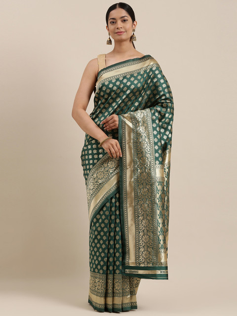 

DIVASTRI Green & Gold-Toned Ethnic Motifs Zari Silk Blend Heavy Work Banarasi Saree