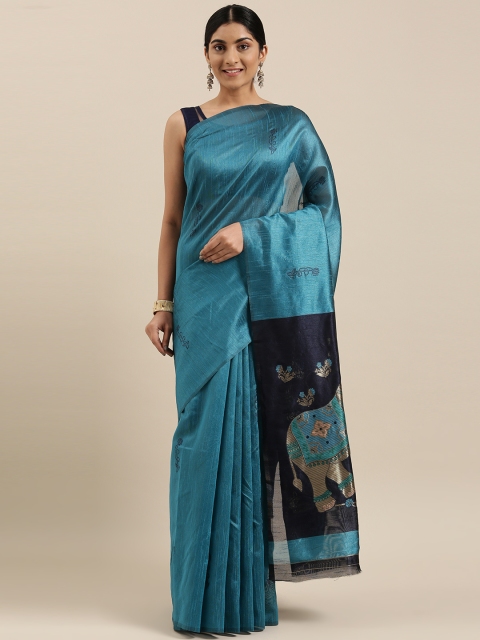 

DIVASTRI Teal Blue & Black Ethnic Motifs Silk Blend Banarasi Saree
