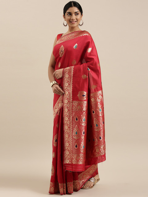

DIVASTRI Red & Gold-Toned Woven Design Banarasi Silk Saree With Tassels