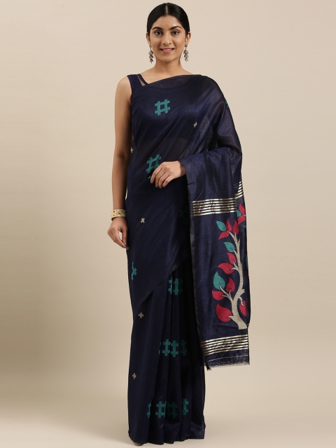 

DIVASTRI Navy Blue Ethnic Motifs Silk Blend Banarasi Saree