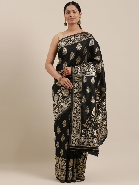 

DIVASTRI Black & Gold-Toned Woven Design Banarasi Silk Saree With Tassels