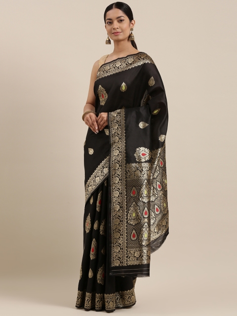 

DIVASTRI Black & Gold-Toned Woven Design Banarasi Silk Saree With Tassels