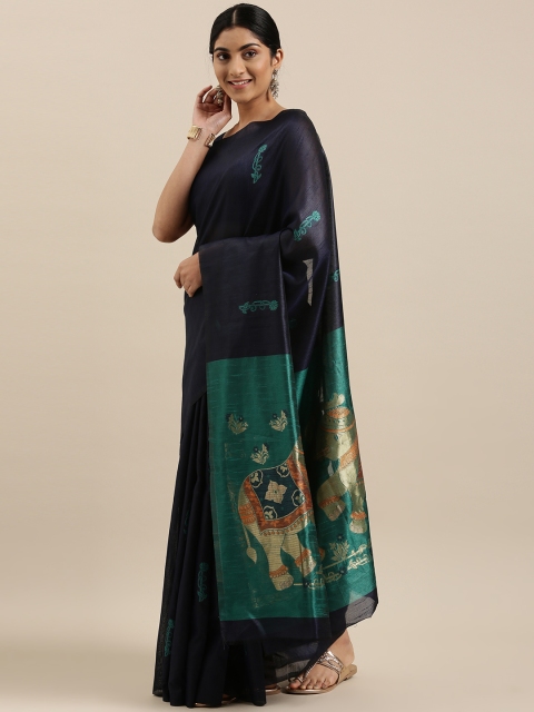 

DIVASTRI Navy Blue Woven Design Silk Blend Banarasi Saree