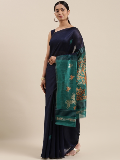 

DIVASTRI Navy Blue Woven Design Silk Blend Heavy Work Banarasi Saree
