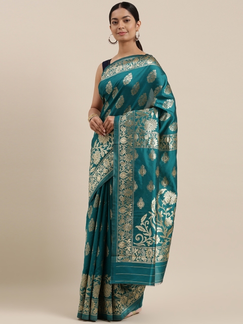 

DIVASTRI Teal Blue & Gold-Toned Ethnic Motifs Zari Silk Blend Banarasi Saree