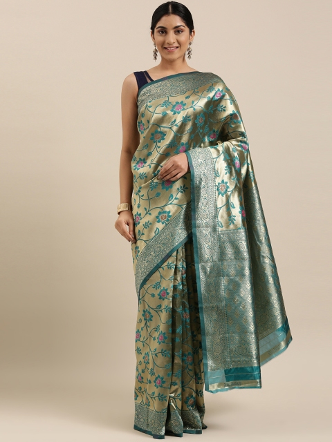 

DIVASTRI Gold-Toned & Teal Blue Floral Zardozi Silk Blend Heavy Work Banarasi Saree