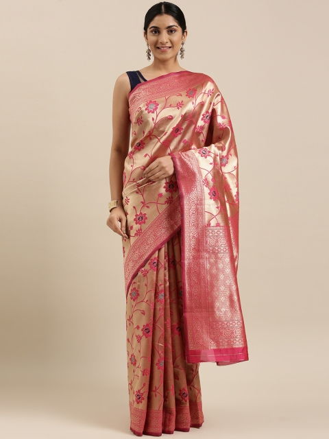 

DIVASTRI Gold-Toned & Pink Floral Zari Silk Blend Heavy Work Banarasi Saree
