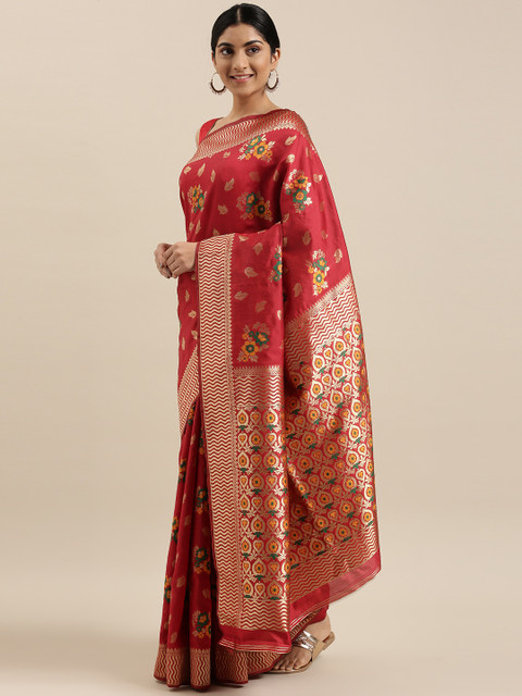 

DIVASTRI Red & Gold-Toned Woven Design Banarasi Silk Saree With Tassels