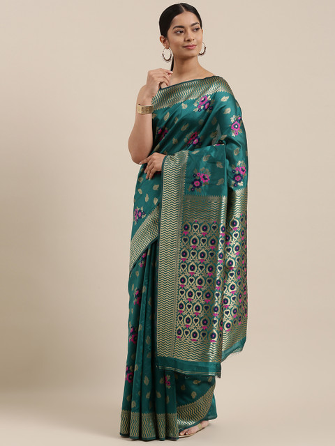

DIVASTRI Turquoise Blue Woven Design Silk Blend Heavy Work Banarasi Saree